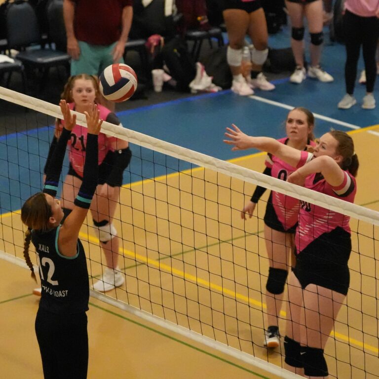 Volleyball block at the net, hands over the tape
