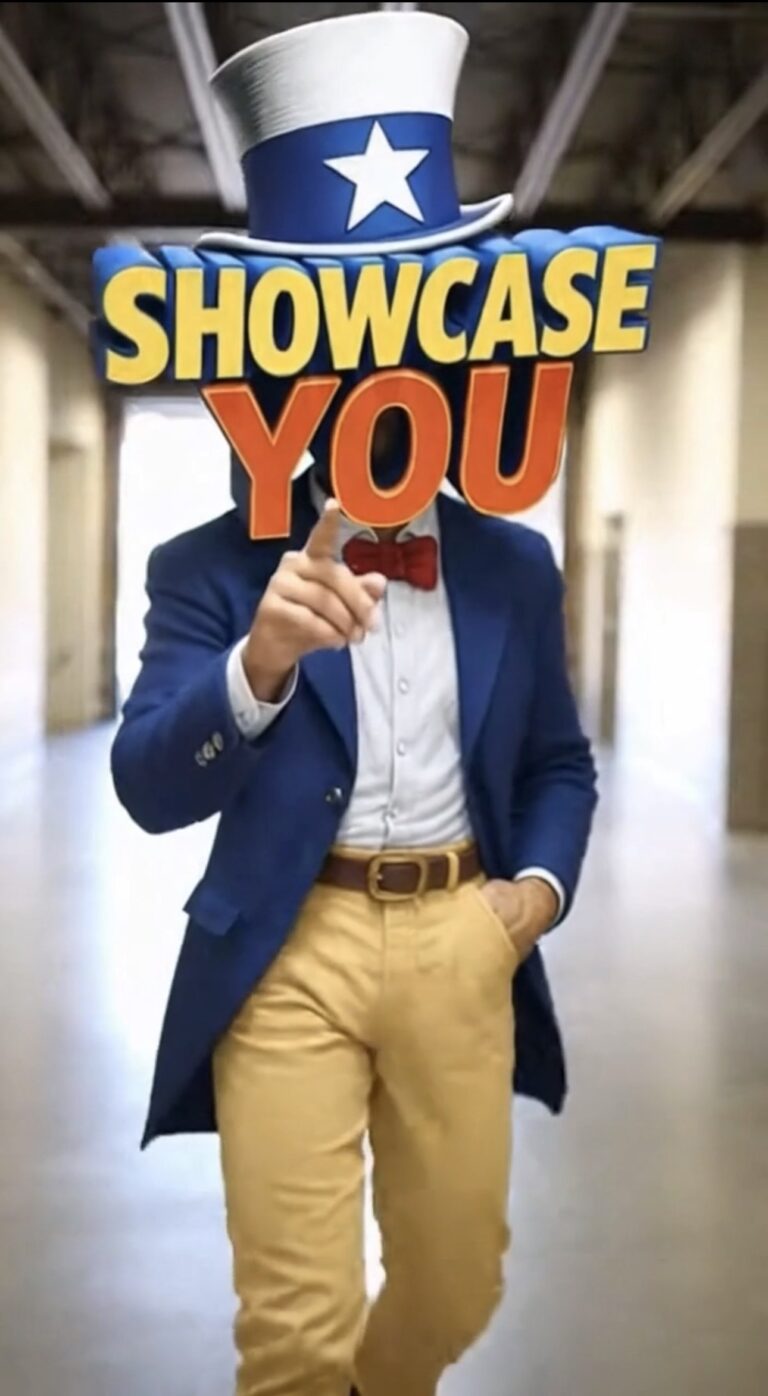 The Showcase You mascot in top hat and blue suit, on location